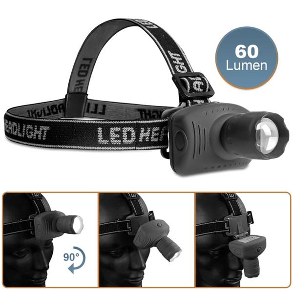 Stirnlampe mit flexiblem Kopfband und Zoomfunktion - Ideal für Outdoor, Camping & Wandern - 3 Leuchtmodi, 60 Lumen, IP44 Spritzwassergeschützt