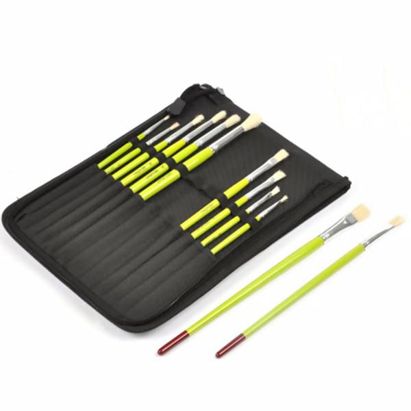 Pinsel-Set mit Aufbewahrungstasche - 12 hochwertige Naturborstenpinsel - für Malerei, Basteln & Kunstwerke - 6x rund & 6x flach in versch. Grössen