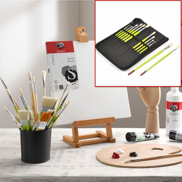 Pinsel-Set mit Aufbewahrungstasche - 12 hochwertige Naturborstenpinsel - für Malerei, Basteln & Kunstwerke - 6x rund & 6x flach in versch. Grössen