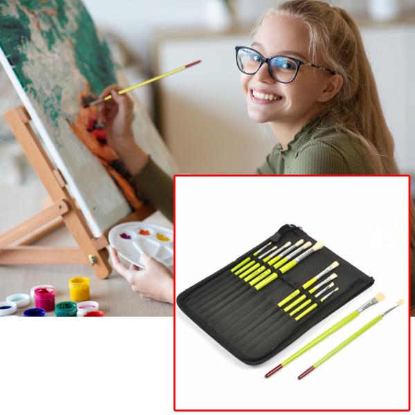 Pinsel-Set mit Aufbewahrungstasche - 12 hochwertige Naturborstenpinsel - für Malerei, Basteln & Kunstwerke - 6x rund & 6x flach in versch. Grössen