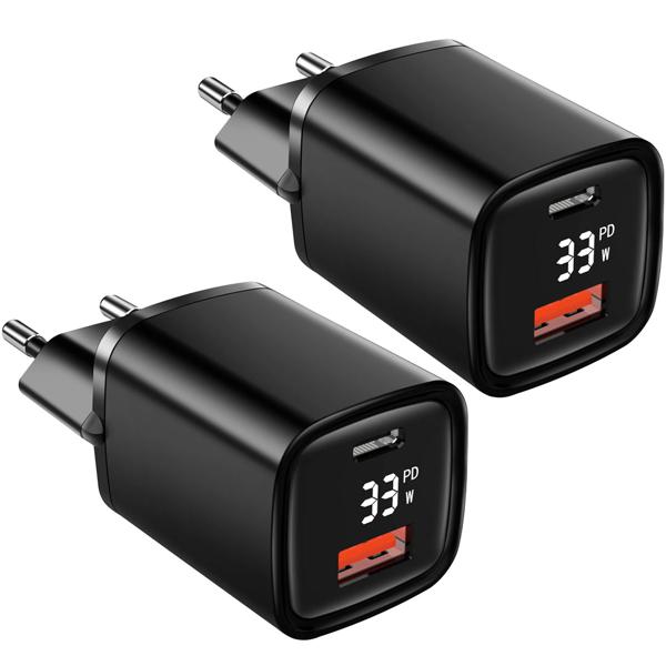 2er-Set Leistungsstarkes USB Netzteil Dual Port, USB-C und USB-A, 33 Watt Schnellladegerät, schwarz, Power Delivery und Quick Charge