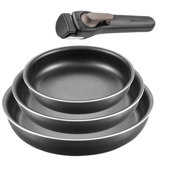 Multifunktionales Bratpfannen-Set (3-teilig) mit abnehmbarem Griff: Antihaftbeschichtung, schwarz –  ideal zum Braten, Schmoren & Backen