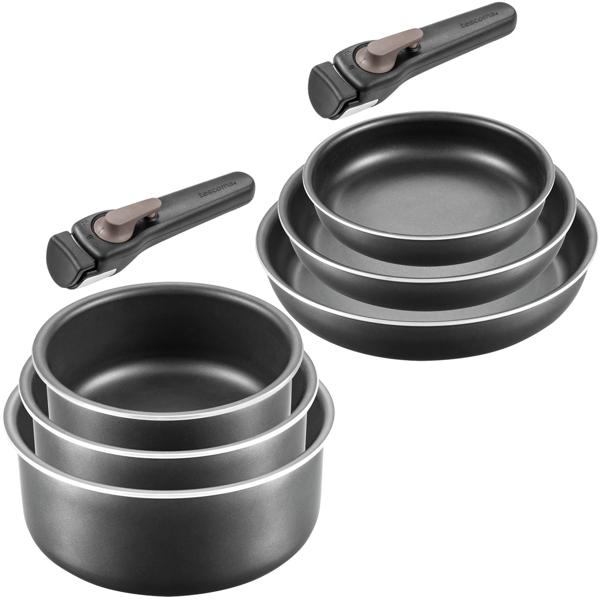 Robustes Kochgeschirr-Set mit abnehmbaren Griff, 3 Töpfe, 3 Pfannen, antihaftbeschichtet, ergonomische Griffe