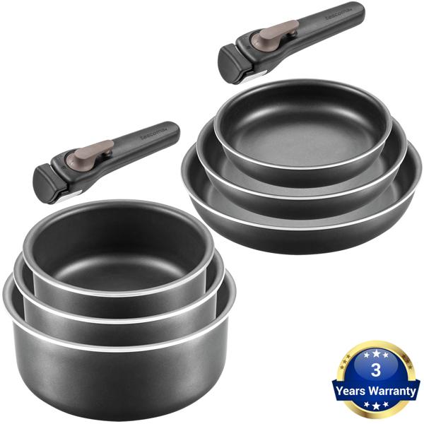 Robustes Kochgeschirr-Set mit abnehmbaren Griff, 3 Töpfe, 3 Pfannen, antihaftbeschichtet, ergonomische Griffe