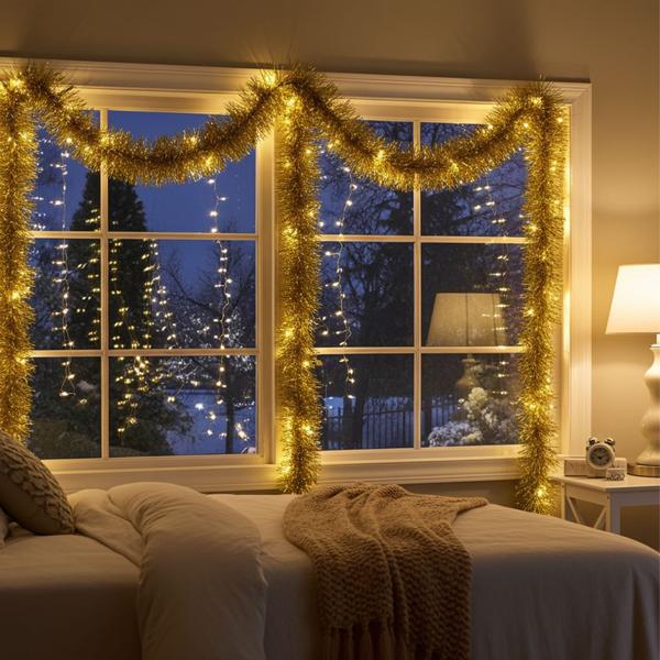 2er-Set LED-Lametta Girlande gold - Integrierte LED-Beleuchtung & Timer-Funktion für Weihnachtsdeko - 2,7m lang, batteriebetrieben, IP44, ohne offene Flamme