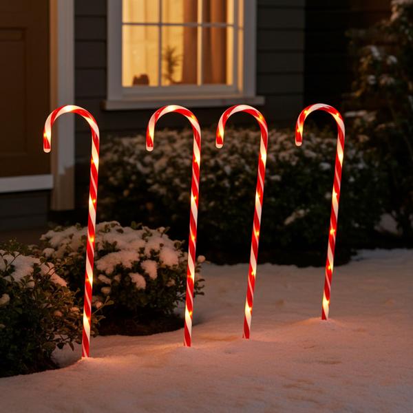 LED-Gartenstecker Zuckerstange 8er-Set - fröhliche Weihnachts-Gartendeko für Aussenbereich - Batteriebetrieben mit Timer - H 74 cm rot-weiss PP