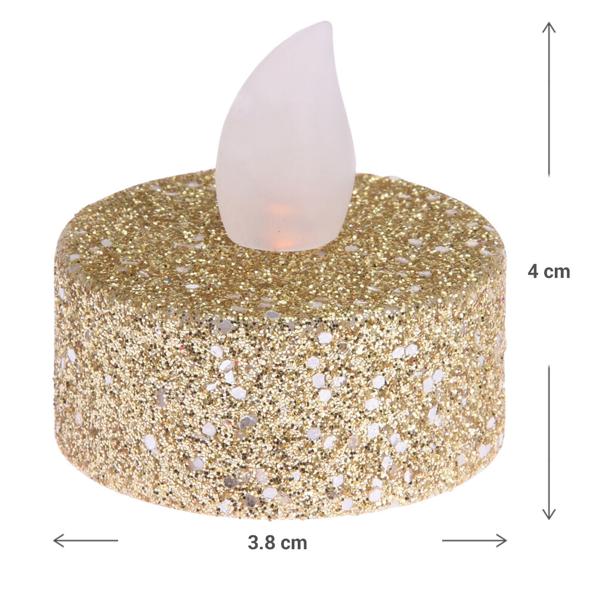 12x LED-Teelichter (Gold-Glitzer, 3,8x4cm): Flackernd, warmweiss - für Deko, Hochzeit, Weihnachten - Stimmungsvoll + sicher