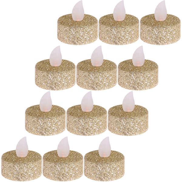12x LED-Teelichter (Gold-Glitzer, 3,8x4cm): Flackernd, warmweiss - für Deko, Hochzeit, Weihnachten - Stimmungsvoll + sicher