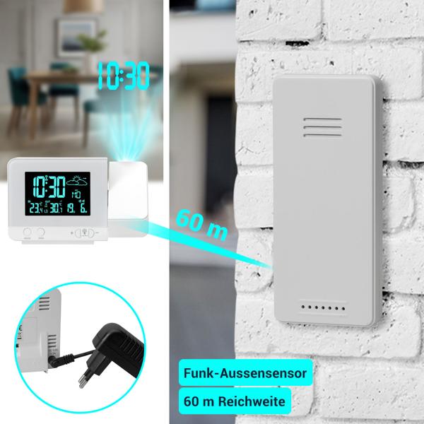 2-in-1 Projektionswecker & Funk-Wetterstation mit USB-Port – Wecker mit Aussensensor, projiziert Uhrzeit in 8 Farben an Wand & Decke
