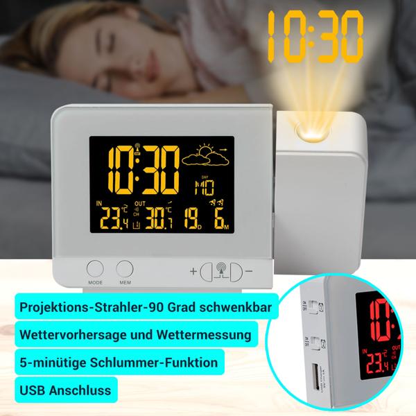 2-in-1 Projektionswecker & Funk-Wetterstation mit USB-Port – Wecker mit Aussensensor, projiziert Uhrzeit in 8 Farben an Wand & Decke