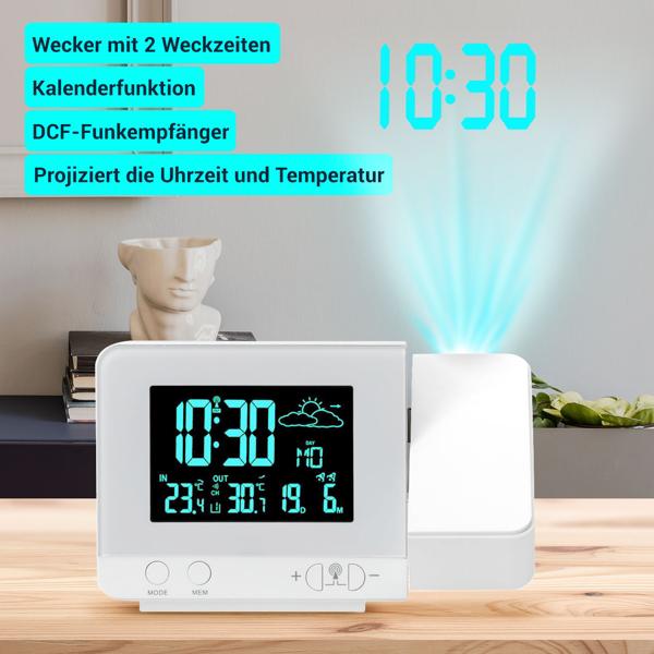 2-in-1 Projektionswecker & Funk-Wetterstation mit USB-Port – Wecker mit Aussensensor, projiziert Uhrzeit in 8 Farben an Wand & Decke