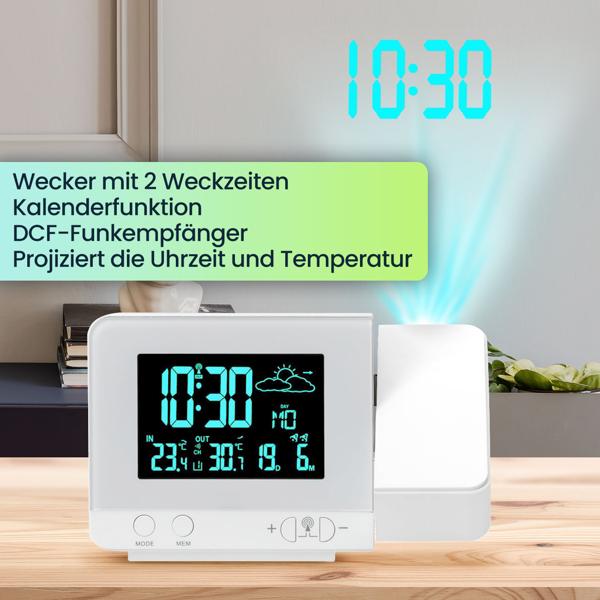 2-in-1 Projektionswecker & Funk-Wetterstation mit USB-Port – Wecker mit Aussensensor, projiziert Uhrzeit in 8 Farben an Wand & Decke