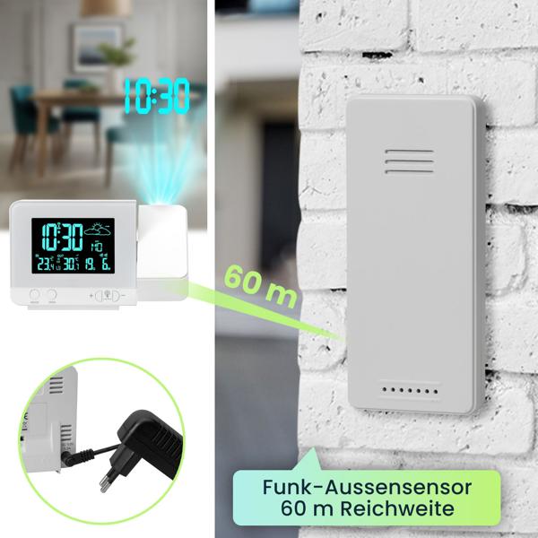 2-in-1 Projektionswecker & Funk-Wetterstation mit USB-Port – Wecker mit Aussensensor, projiziert Uhrzeit in 8 Farben an Wand & Decke