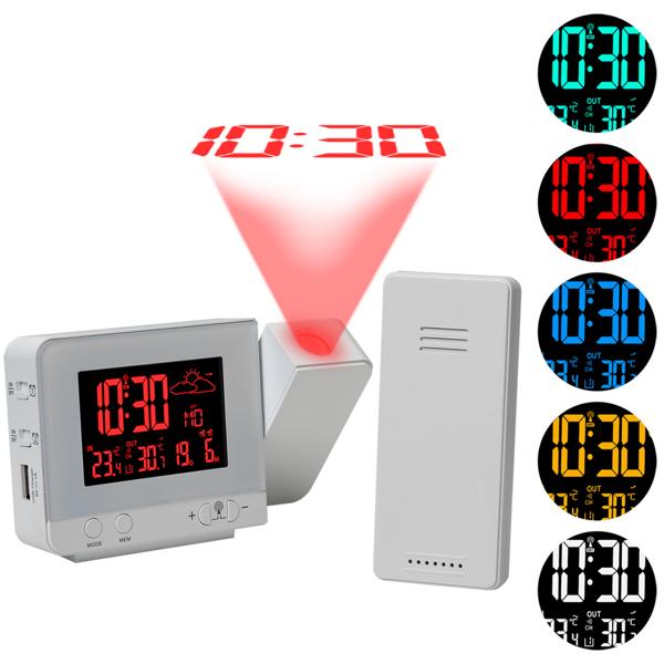 2-in-1 Projektionswecker & Funk-Wetterstation mit USB-Port – Wecker mit Aussensensor, projiziert Uhrzeit in 8 Farben an Wand & Decke