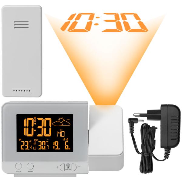 2-in-1 Projektionswecker & Funk-Wetterstation mit USB-Port – Wecker mit Aussensensor, projiziert Uhrzeit in 8 Farben an Wand & Decke