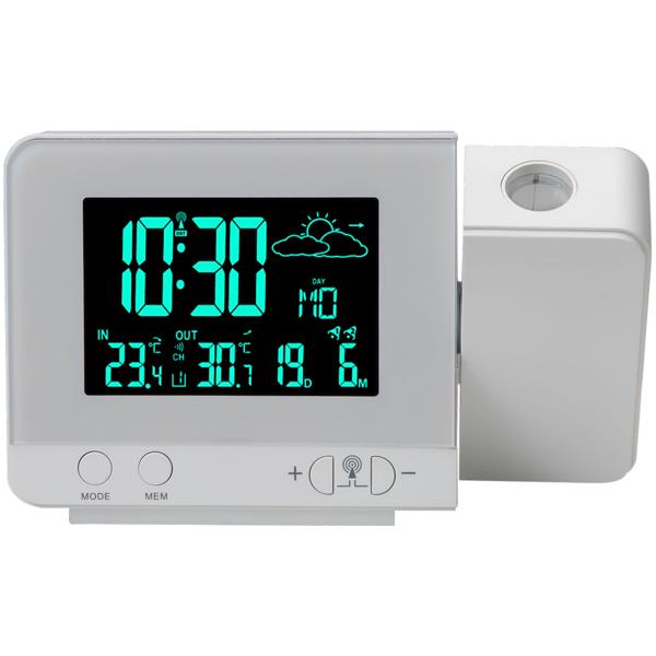 2-in-1 Projektionswecker & Funk-Wetterstation mit USB-Port – Wecker mit Aussensensor, projiziert Uhrzeit in 8 Farben an Wand & Decke