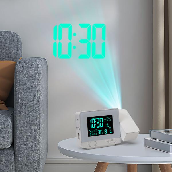 2-in-1 Projektionswecker & Funk-Wetterstation mit USB-Port – Wecker mit Aussensensor, projiziert Uhrzeit in 8 Farben an Wand & Decke