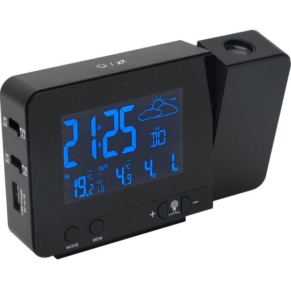 Projektions-Wecker mit Funk-Wetterstation, USB-Port, Aussensensor, schwarz, Zeitanzeige, Kalender, Temperaturanzeige Innen und Aussen