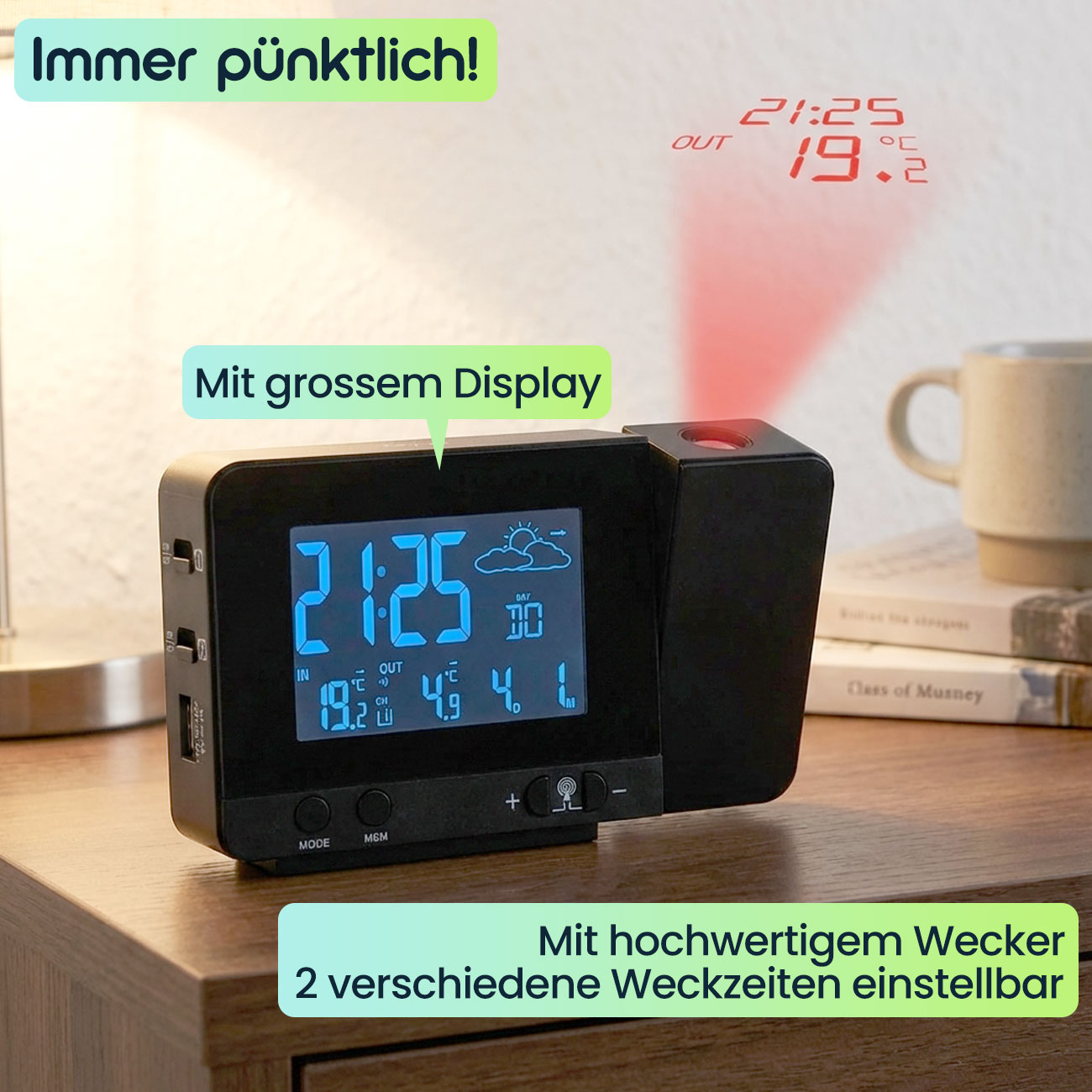 Projektions-Wecker mit Funk-Wetterstation, USB-Port, Aussensensor, schwarz, Zeitanzeige, Kalender, Temperaturanzeige Innen und Aussen