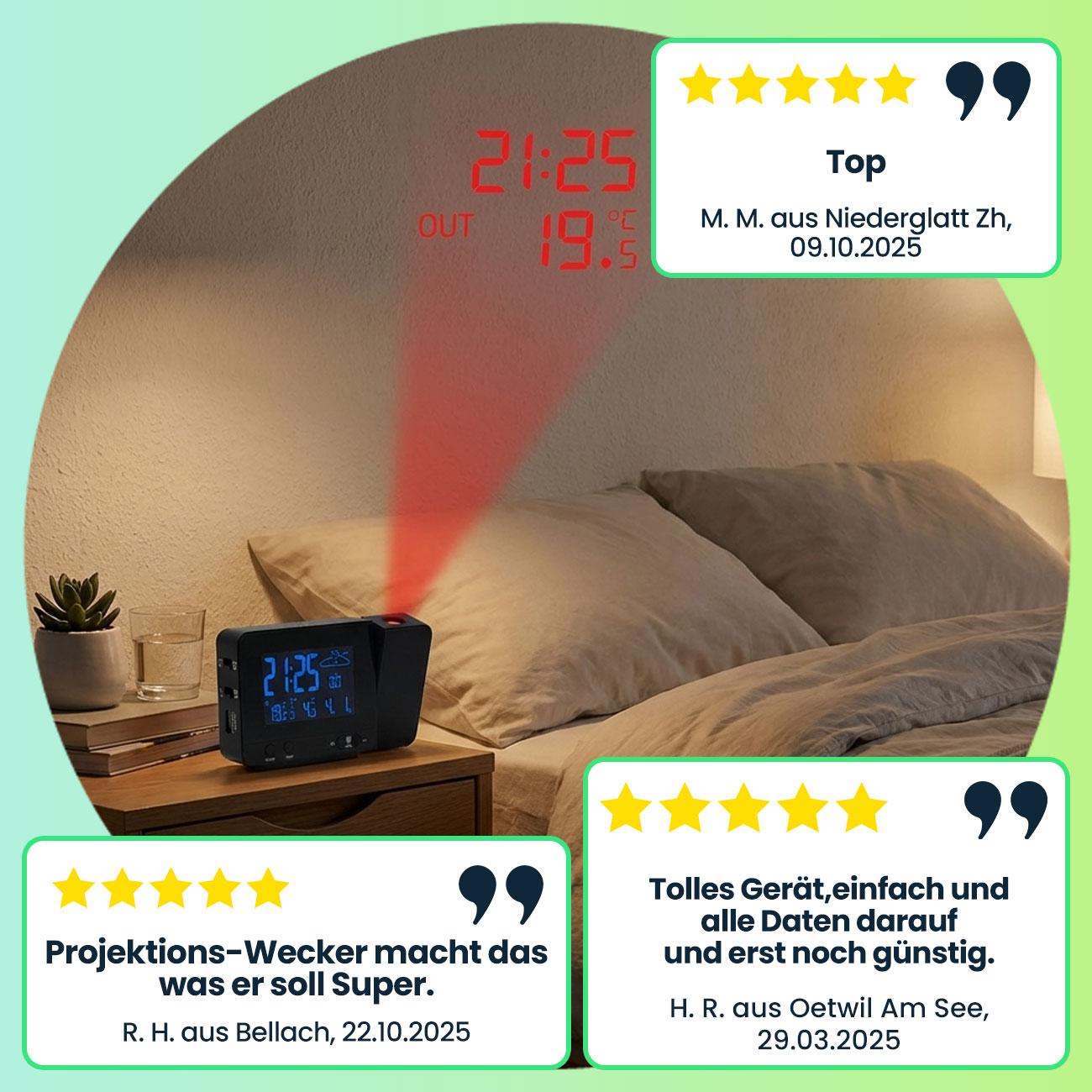 Projektions-Wecker mit Funk-Wetterstation, USB-Port, Aussensensor, schwarz, Zeitanzeige, Kalender, Temperaturanzeige Innen und Aussen