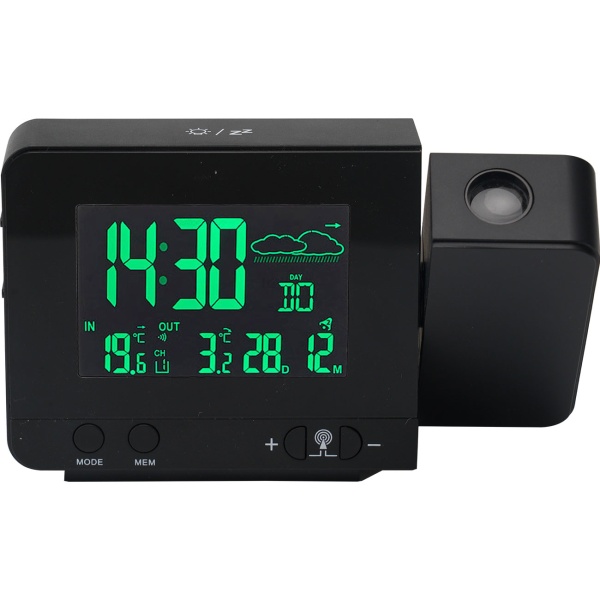 Projektions-Wecker mit Funk-Wetterstation, USB-Port, Aussensensor, schwarz, Zeitanzeige, Kalender, Temperaturanzeige Innen und Aussen
