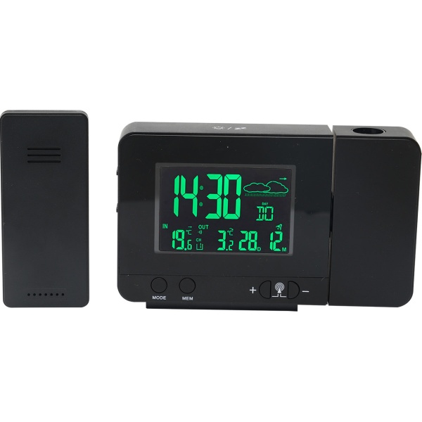 Projektions-Wecker mit Funk-Wetterstation, USB-Port, Aussensensor, schwarz, Zeitanzeige, Kalender, Temperaturanzeige Innen und Aussen