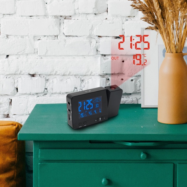 Projektions-Wecker mit Funk-Wetterstation, USB-Port, Aussensensor, schwarz, Zeitanzeige, Kalender, Temperaturanzeige Innen und Aussen
