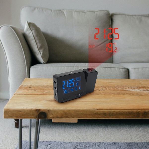 Projektions-Wecker mit Funk-Wetterstation, USB-Port, Aussensensor, schwarz, Zeitanzeige, Kalender, Temperaturanzeige Innen und Aussen