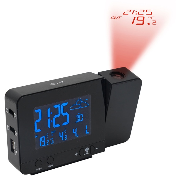 Projektions-Wecker mit Funk-Wetterstation, USB-Port, Aussensensor, schwarz, Zeitanzeige, Kalender, Temperaturanzeige Innen und Aussen