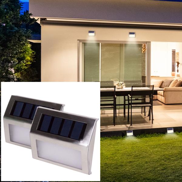 Solar-LED-Aussenwandleuchte 2er-Set - automatische Einschaltung bei Dunkelheit - IP44 Edelstahl, 3 SMD-LEDs, Dämmerungs-Sensor, 10x8x2.2cm, 6h Leuchtdauer