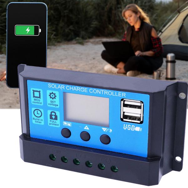 Solar-Laderegler 20A für 12/24-V-Akkus inkl. 2 USB Ports und LCD Display, PWM Lademodus, sorgt für optimalen Ladestrom aus Solar Panels 