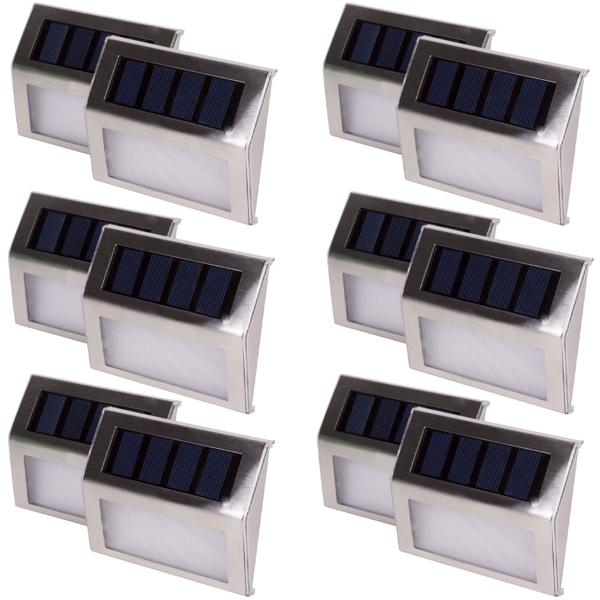 Solar-LED-Aussenwandleuchten-Set 12 Stück - Automatische Einschaltung Dämmerungssensor - Edelstahl IP44 - 3 SMD-LEDs - 10x8x2.2cm - Max 6h Leuchtdauer