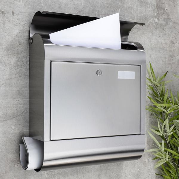 Edelstahl-Briefkasten mit geräumiger Zeitungsrolle: 38x12x42,5cm, silber, widerstandsfähig und stilvoll
