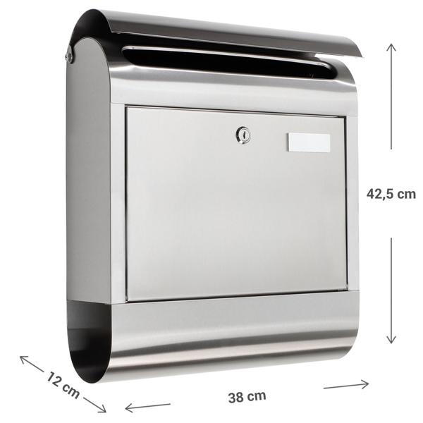 Edelstahl-Briefkasten mit geräumiger Zeitungsrolle: 38x12x42,5cm, silber, widerstandsfähig und stilvoll