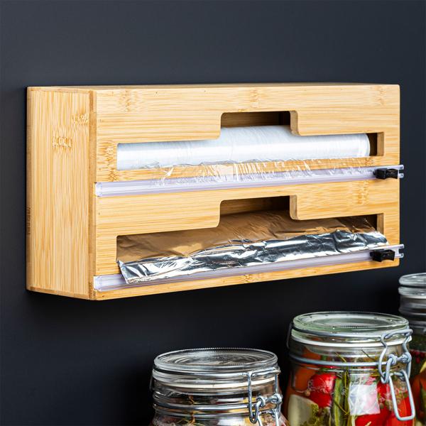 Folienspender Bambus 2in1 - Für 2 Rollen bis 30,5 cm - Integrierter Folienschneider für Alu-, Back- & Frischhaltefolie - Wandmontage möglich - 35x15x7,5 cm