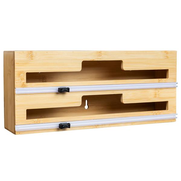 Folienspender Bambus 2in1 - Für 2 Rollen bis 30,5 cm - Integrierter Folienschneider für Alu-, Back- & Frischhaltefolie - Wandmontage möglich - 35x15x7,5 cm