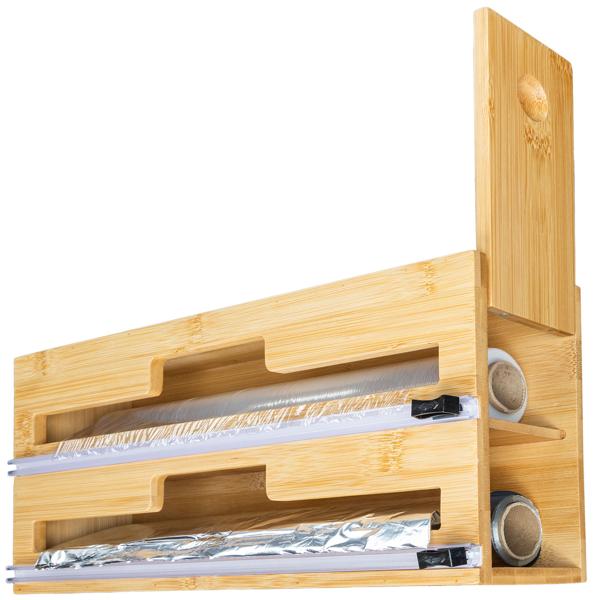 Folienspender Bambus 2in1 - Für 2 Rollen bis 30,5 cm - Integrierter Folienschneider für Alu-, Back- & Frischhaltefolie - Wandmontage möglich - 35x15x7,5 cm