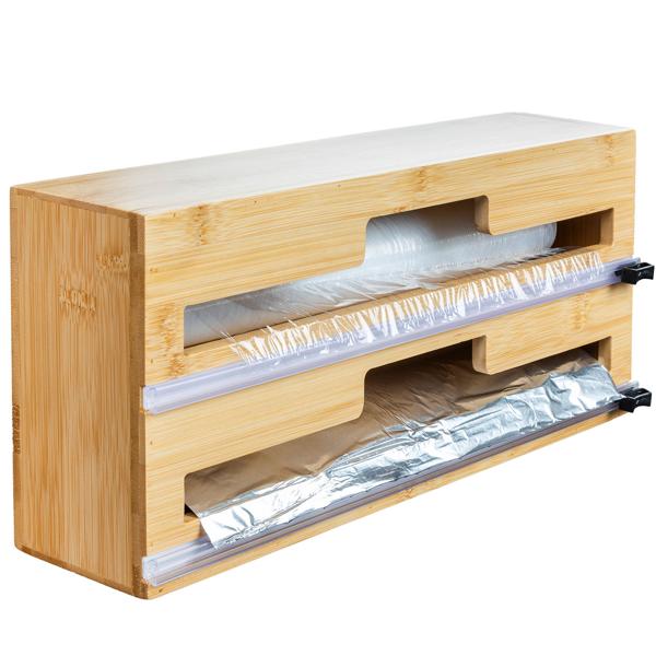 Folienspender Bambus 2in1 - Für 2 Rollen bis 30,5 cm - Integrierter Folienschneider für Alu-, Back- & Frischhaltefolie - Wandmontage möglich - 35x15x7,5 cm