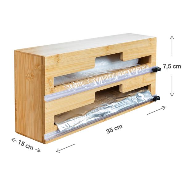 Folienspender Bambus 2in1 - Für 2 Rollen bis 30,5 cm - Integrierter Folienschneider für Alu-, Back- & Frischhaltefolie - Wandmontage möglich - 35x15x7,5 cm