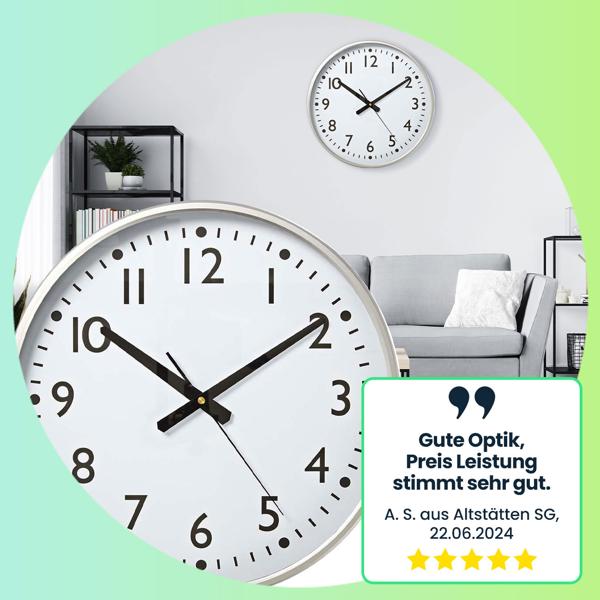 Elegante Wanduhr (38cm, silber-weiß) mit leisem Präzisions-Quarzuhrwerk – Zeitloses Design für Wohnzimmer, Küche & Büro