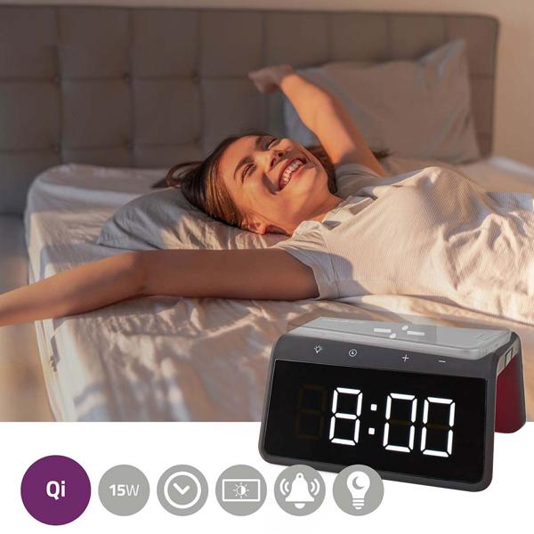 Wecker mit kabelloser Ladestation - Nachtlicht 8 Farben & Qi-Ladefunktion für Handy - USB-A-Anschluss, 2 Alarmzeiten, dimmbares Display, schwarz