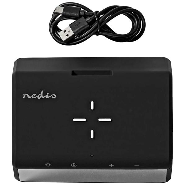 Wecker mit kabelloser Ladestation - Nachtlicht 8 Farben & Qi-Ladefunktion für Handy - USB-A-Anschluss, 2 Alarmzeiten, dimmbares Display, schwarz