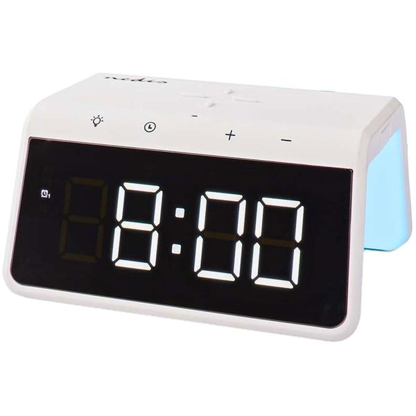 Wecker mit kabelloser Ladestation - Qi-Laden, Nachtlicht & USB-A-Anschluss - Dimmbares Display, 2 Alarme, 15W Schnellladefunktion, weiss (ABS)