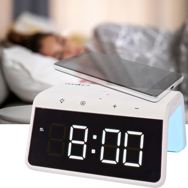 Wecker mit kabelloser Ladestation - Qi-Laden, Nachtlicht & USB-A-Anschluss - Dimmbares Display, 2 Alarme, 15W Schnellladefunktion, weiss (ABS)