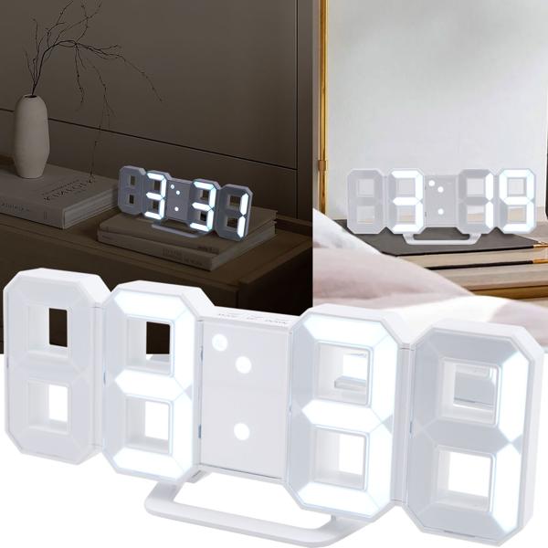 Moderne digitale 3D LED-Tisch- & Wanduhr mit Wecker, 7-Segment-Ziffern, dimmbar, zum Aufstellen oder Aufhängen, 21,5 x 7,3 cm, weiss