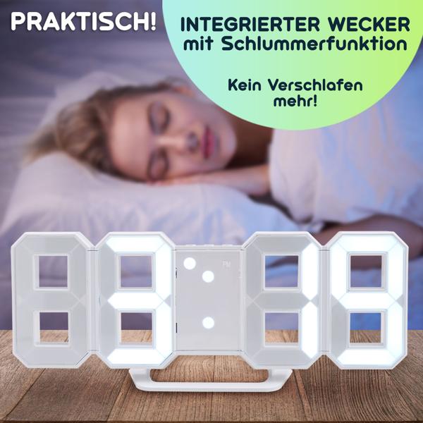 Moderne digitale 3D LED-Tisch- & Wanduhr mit Wecker, 7-Segment-Ziffern, dimmbar, zum Aufstellen oder Aufhängen, 21,5 x 7,3 cm, weiss