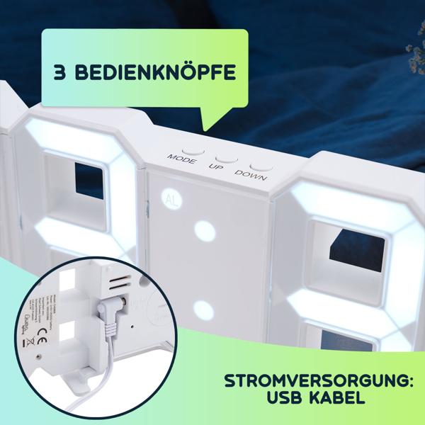 Moderne digitale 3D LED-Tisch- & Wanduhr mit Wecker, 7-Segment-Ziffern, dimmbar, zum Aufstellen oder Aufhängen, 21,5 x 7,3 cm, weiss