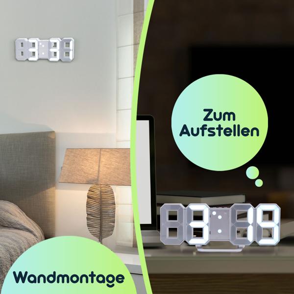 Moderne digitale 3D LED-Tisch- & Wanduhr mit Wecker, 7-Segment-Ziffern, dimmbar, zum Aufstellen oder Aufhängen, 21,5 x 7,3 cm, weiss