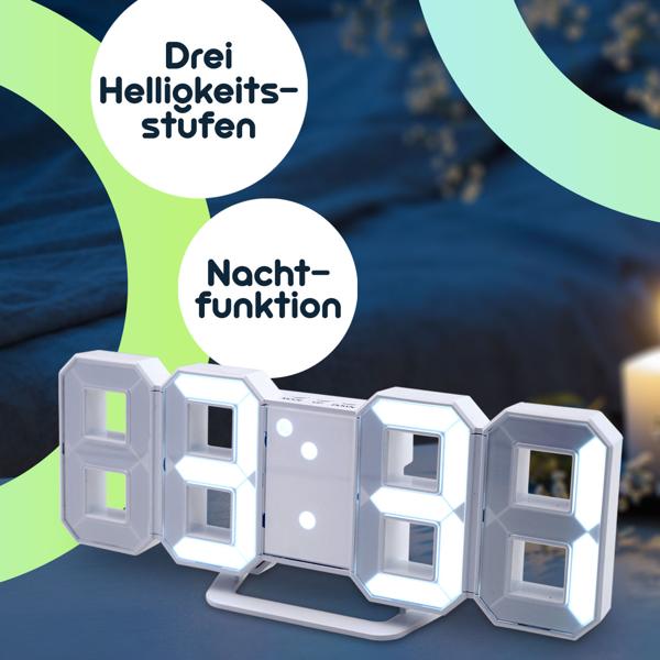 Moderne digitale 3D LED-Tisch- & Wanduhr mit Wecker, 7-Segment-Ziffern, dimmbar, zum Aufstellen oder Aufhängen, 21,5 x 7,3 cm, weiss