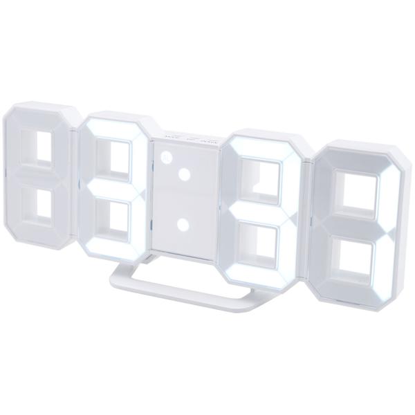 Moderne digitale 3D LED-Tisch- & Wanduhr mit Wecker, 7-Segment-Ziffern, dimmbar, zum Aufstellen oder Aufhängen, 21,5 x 7,3 cm, weiss
